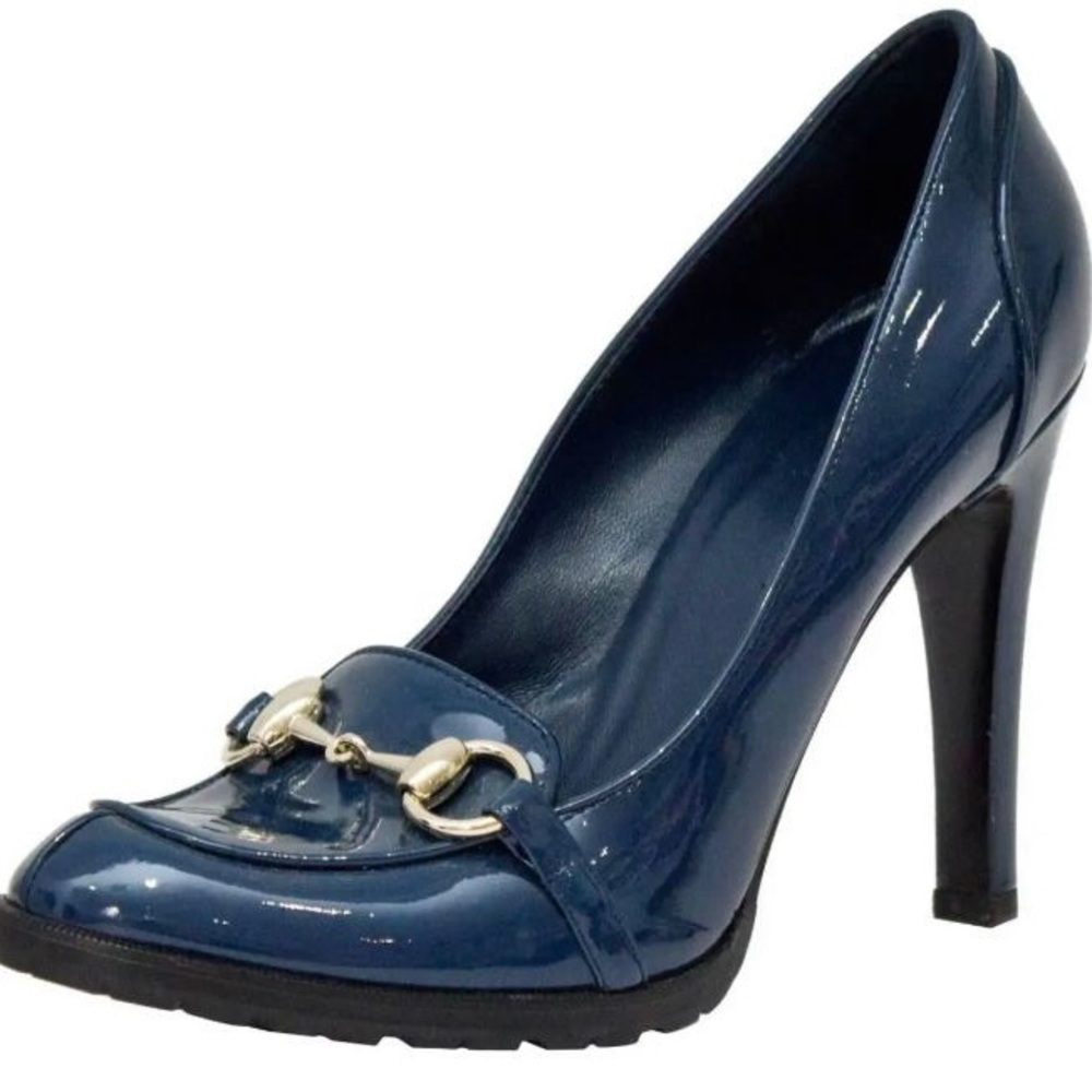 GUCCI Teal Patent Leather Loafer Gold Horsebit Buckle Heels Shoes Pumps